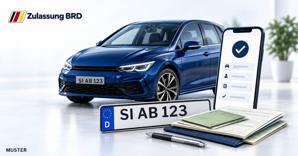 Online Fahrzeugzulassung in Bad Berleburg: Musterkennzeichen SI AB 123, Auto und Fahrzeugpapiere und Smartphone. Illustration mit Logo von Zulassung BRD.